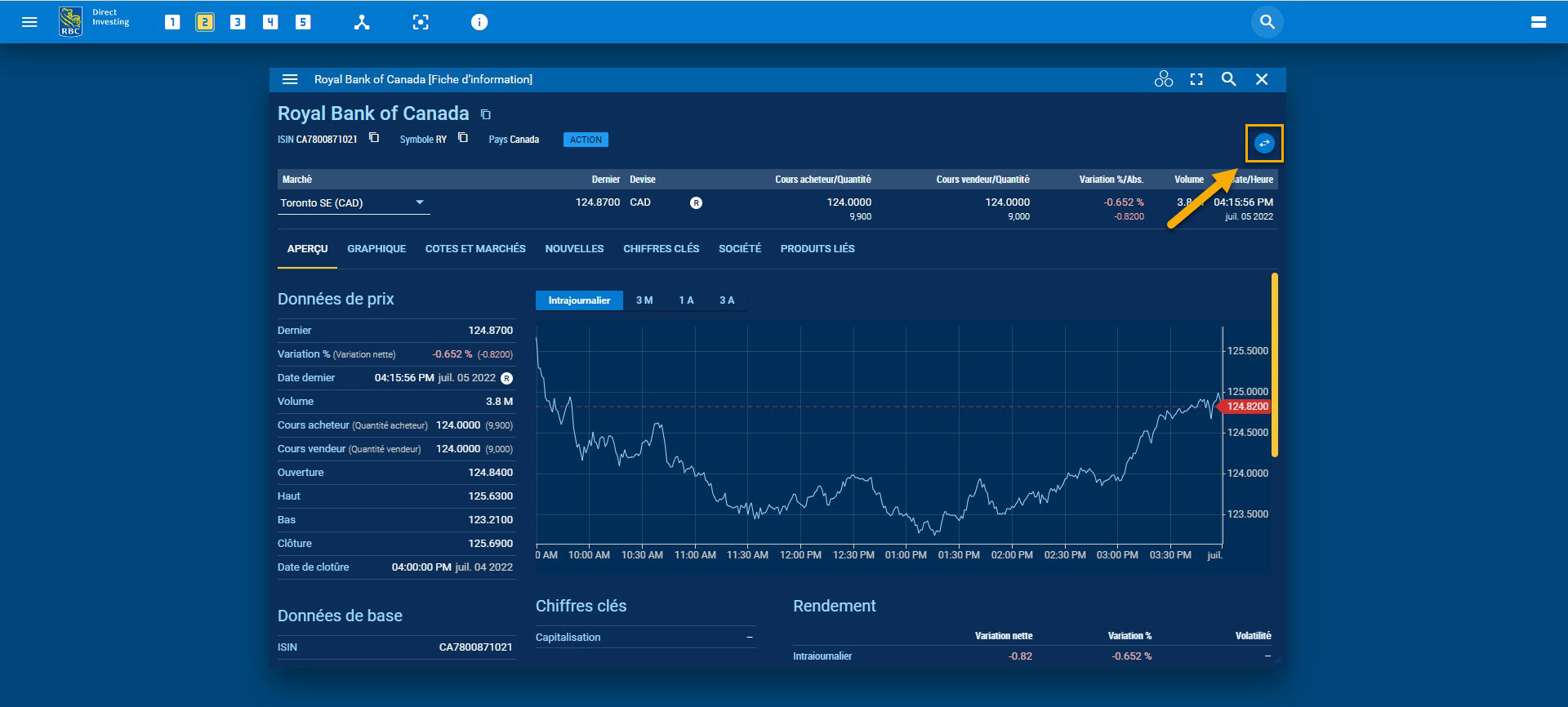 Fiche d’information avec une flèche pointant vers l’icône des opérations